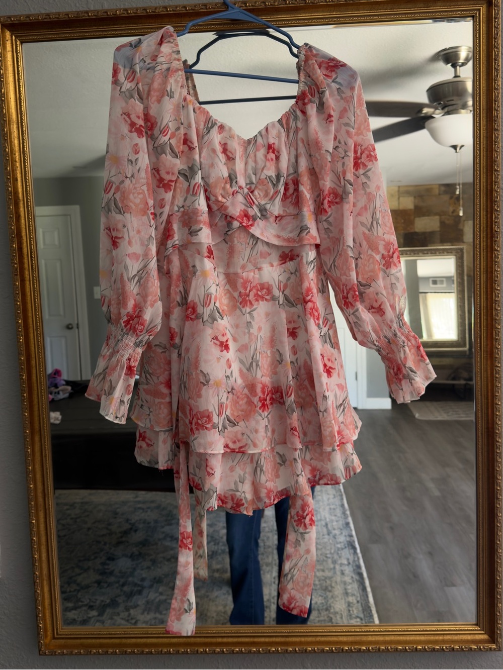 Girls Pink Floral Tiered Chiffon romper with Ruffle Neck
